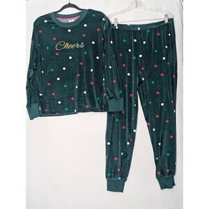 JOYSPUN Women's Stretch Velour Pajama Set Green with polka dots size Medium
